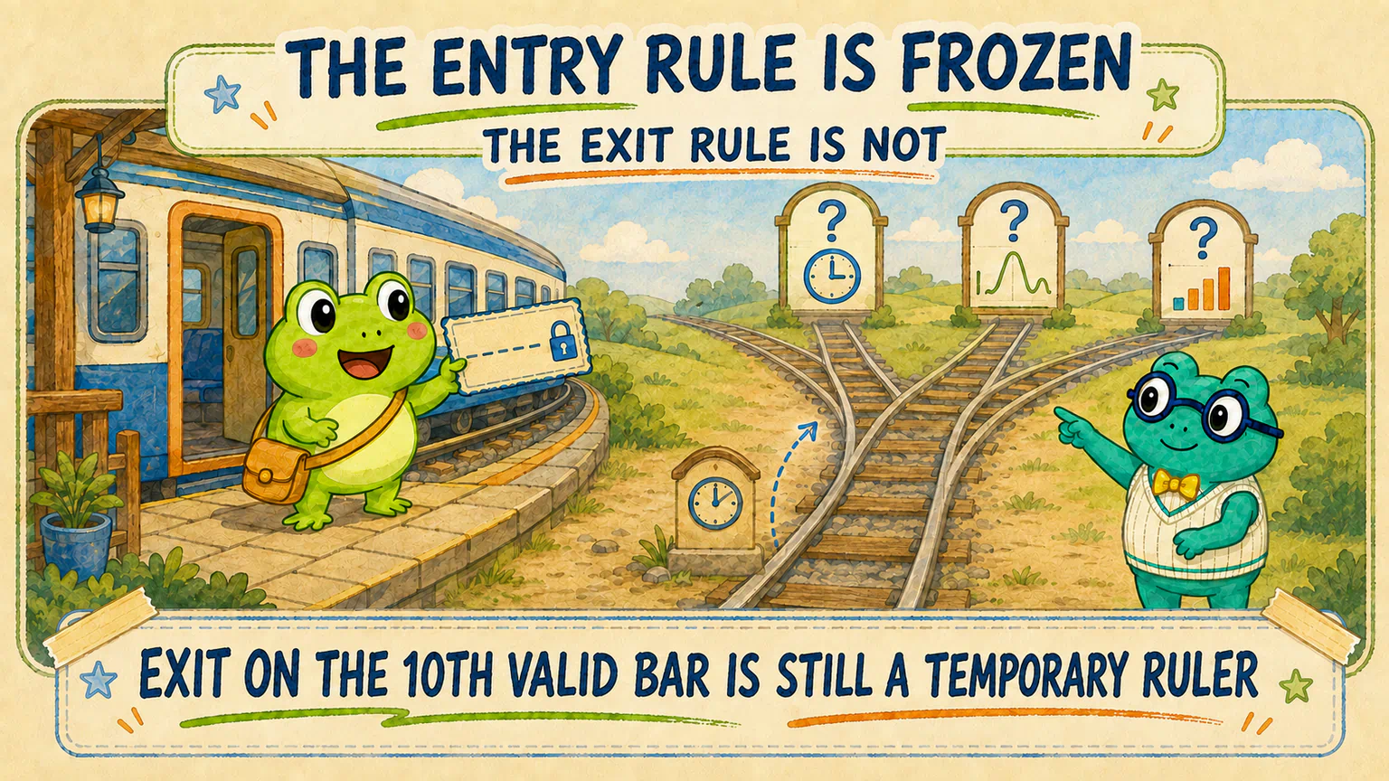 Hoppy holds a frozen entry-rule ticket while several possible exits still wait to be researched.