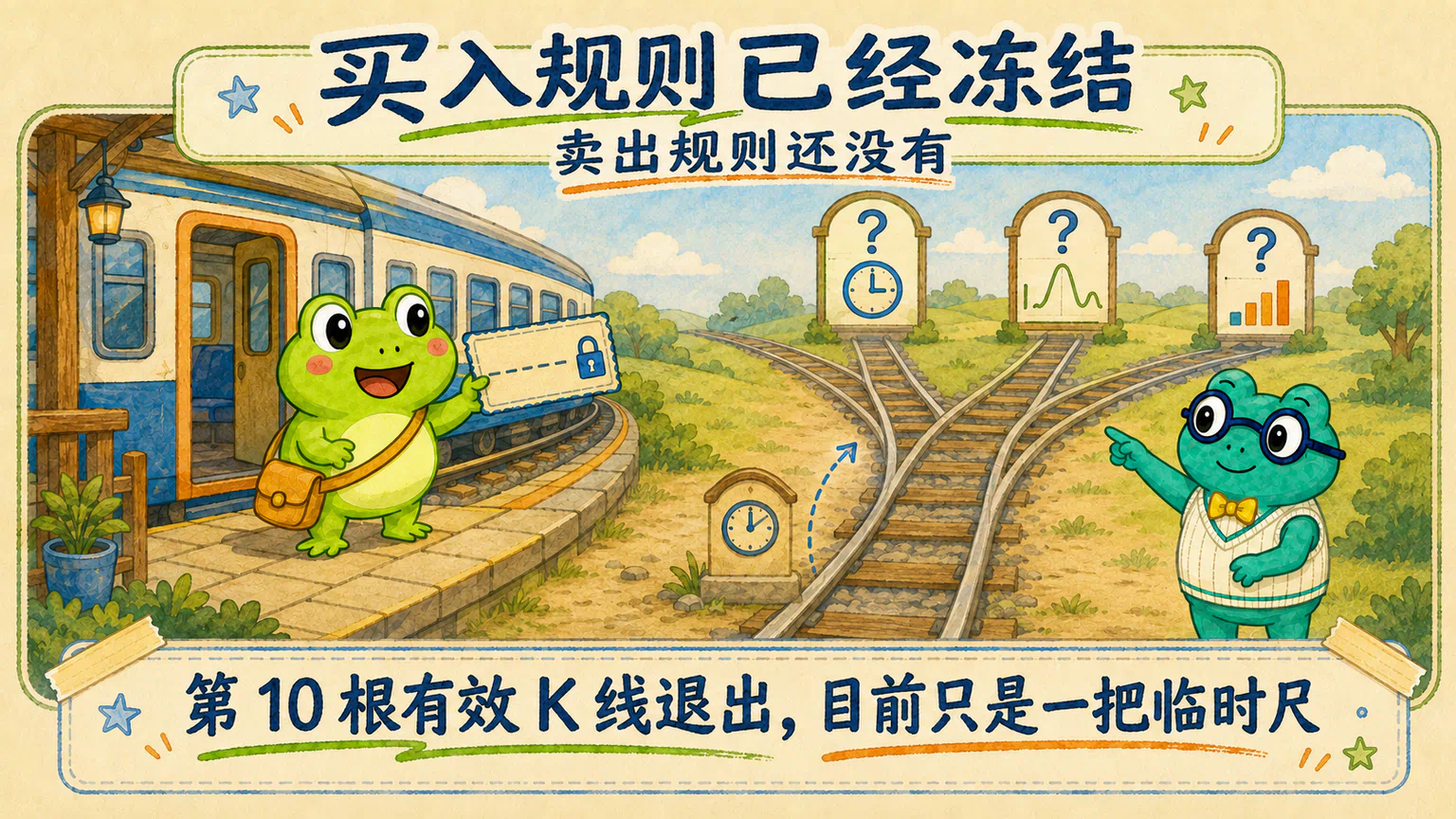 蛙兄拿着已经冻结的买入规则车票，前方仍有多个等待研究的卖出出口。