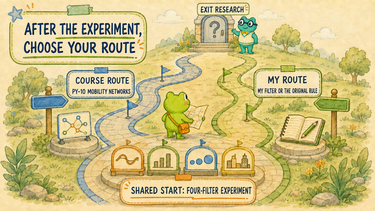 After the same four-filter experiment, one route follows the course reference and another keeps a personal rule; both continue toward exit research.