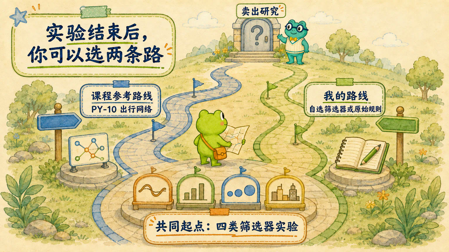 同一场筛选器实验之后，可以走课程参考路线，也可以保留自己的规则；两条路都会继续进入卖出研究。