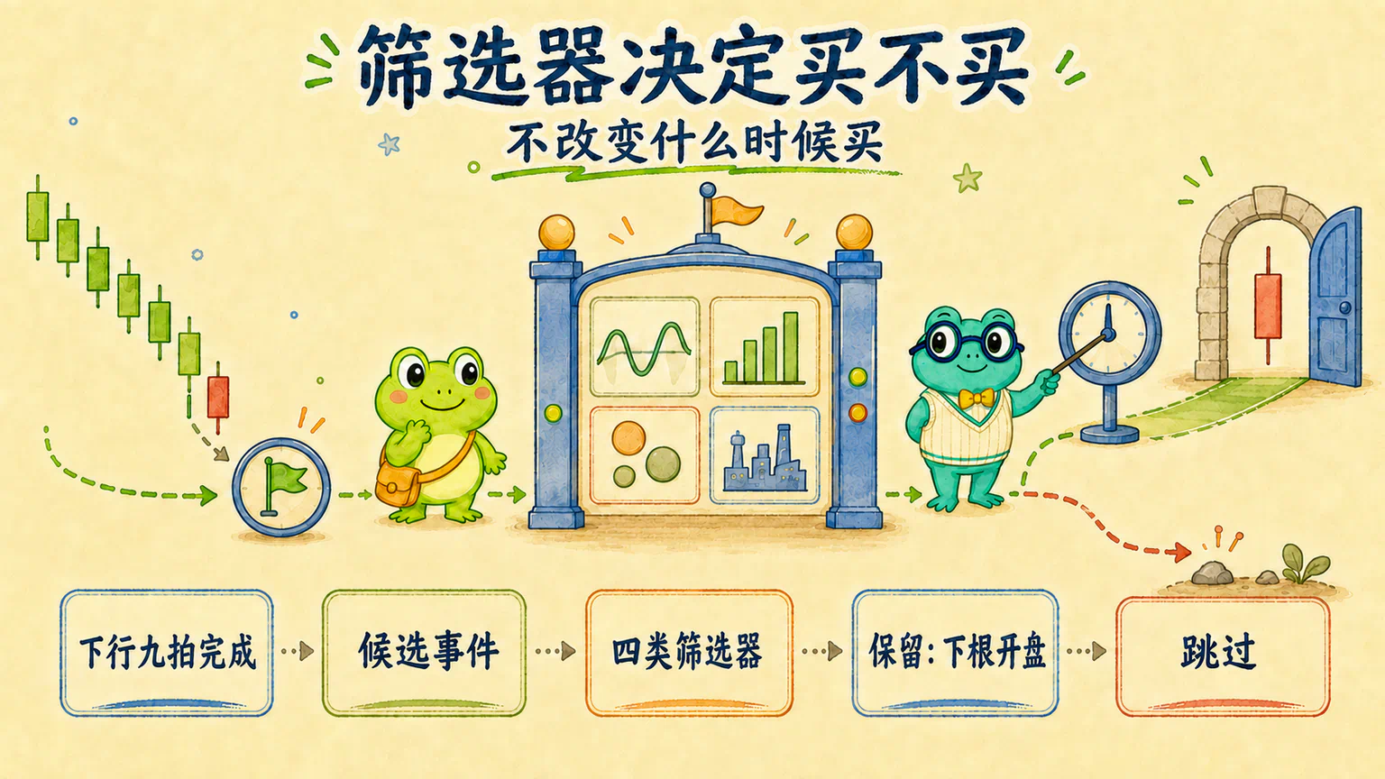 下行九拍先形成候选事件，筛选器只决定保留或跳过；保留后仍在下一根有效 K 线开盘进入。