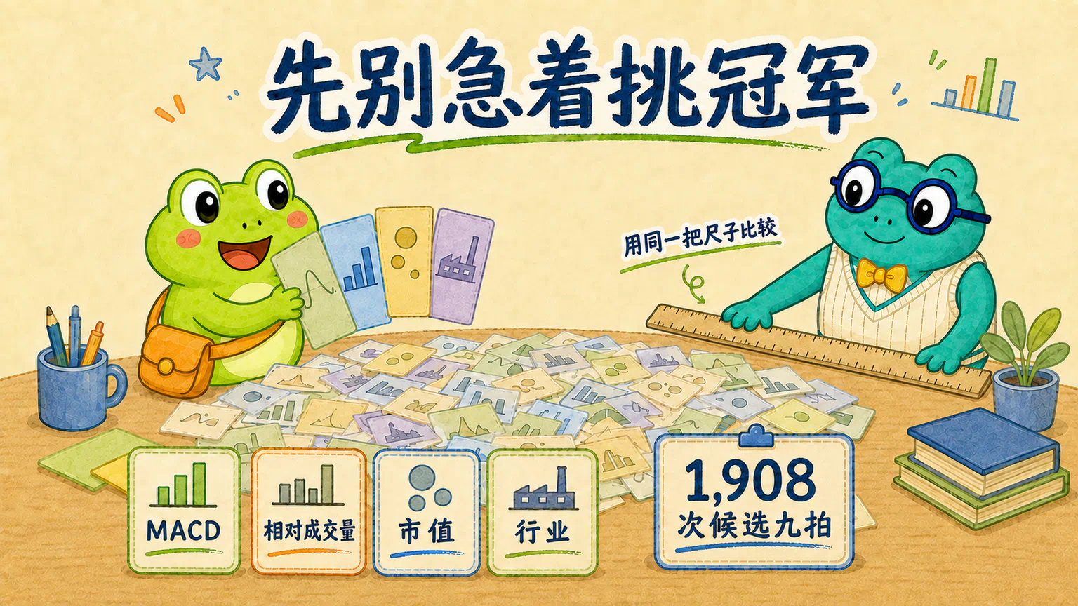 蛙兄拿着四种筛选器，蛙博士用同一把尺子准备比较桌上的候选九拍。