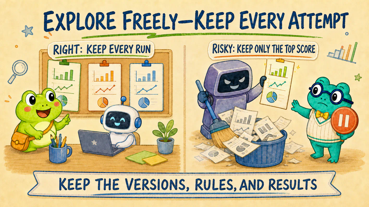 Open exploration preserves every experiment version; the risky alternative erases failures and displays only the highest-scoring run.