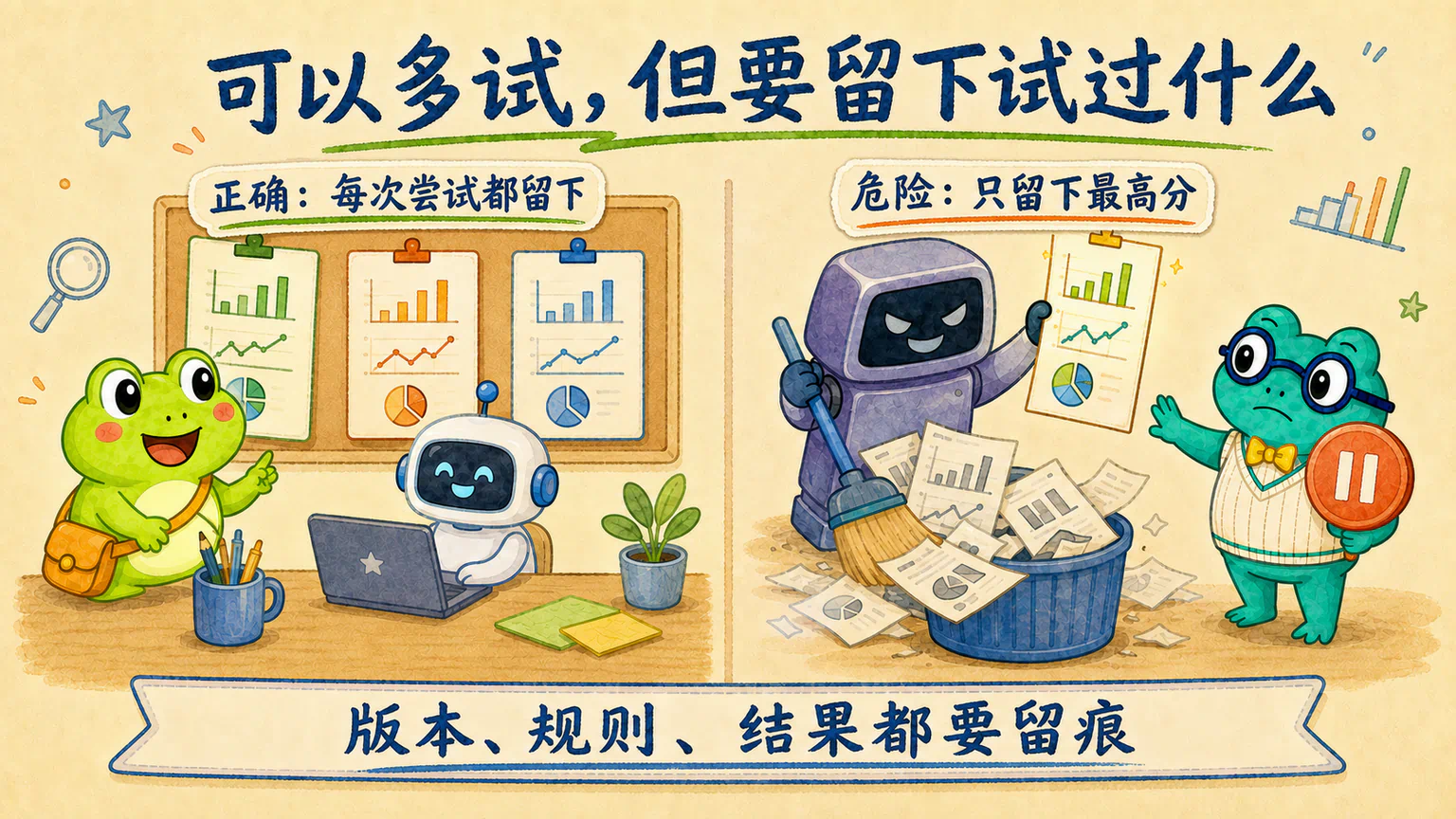 开放探索可以保留多个实验版本，但不能擦掉失败记录，只展示历史收益最高的一次。