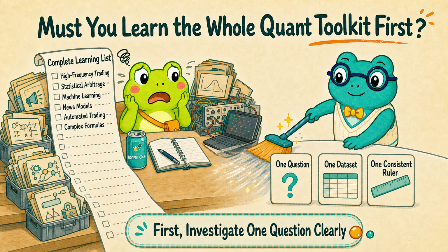 Hoppy prepares a complete list of high-frequency trading, arbitrage, machine learning, and automated trading, while Dr. Hop clears the desk until only a question, a dataset, and one consistent ruler remain.
