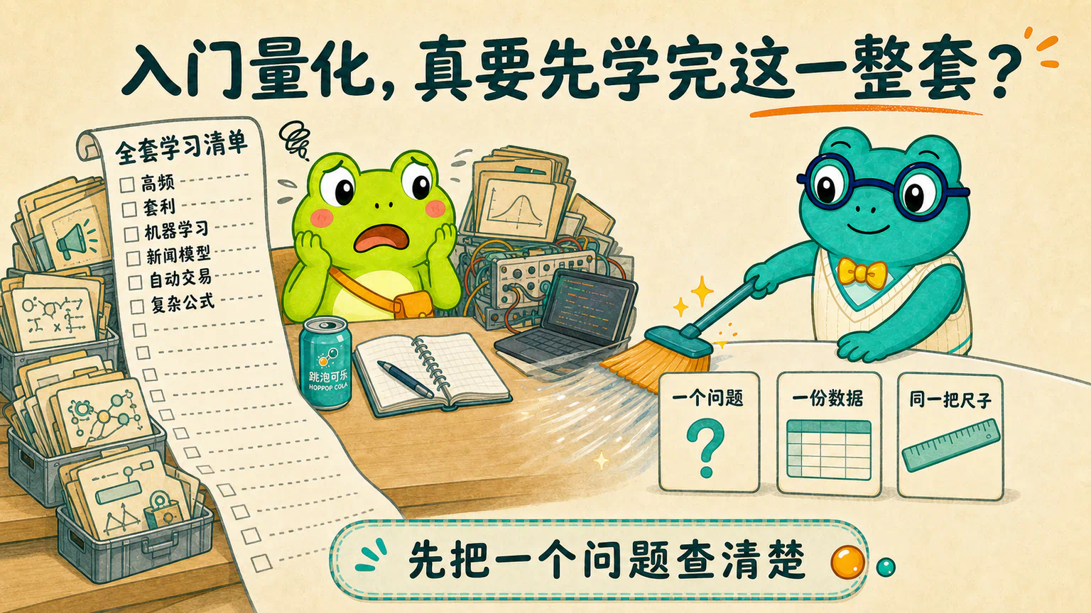 蛙兄准备了高频、套利、机器学习和自动交易等全套学习清单,蛙博士把桌面清到只剩问题、数据和统一尺子。