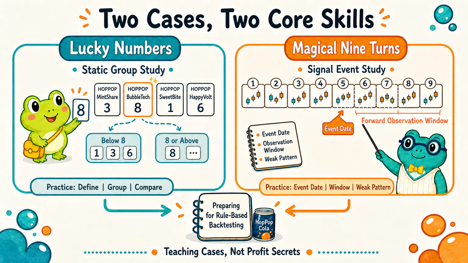 The lucky-number case practices static group research, while the Magical Nine Turns case practices technical-signal event research, and both prepare the learner for later rule-based backtesting.