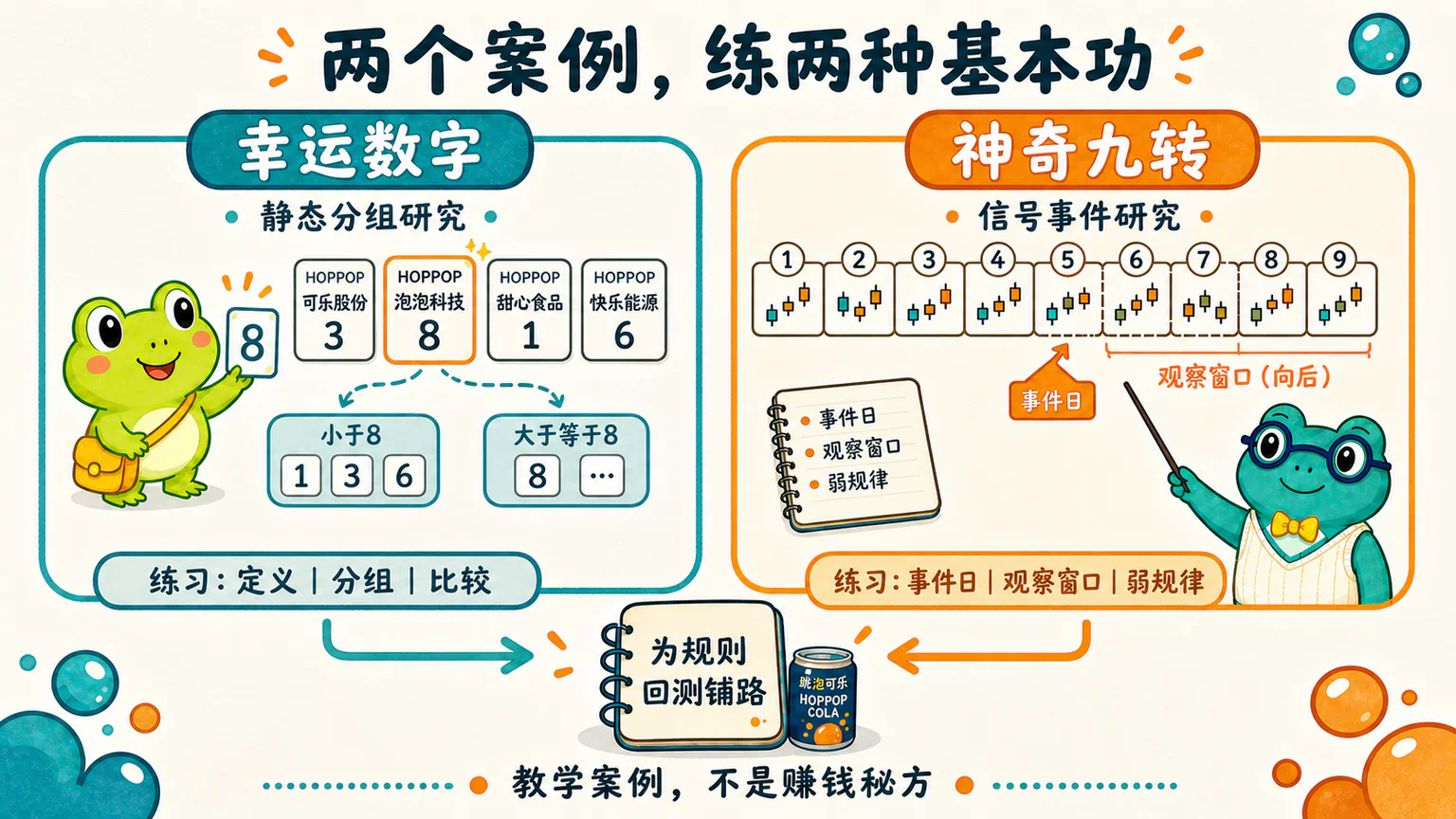 幸运数字案例训练静态分组研究,神奇九转案例训练技术信号事件研究,两者一起为后面的规则回测铺路。