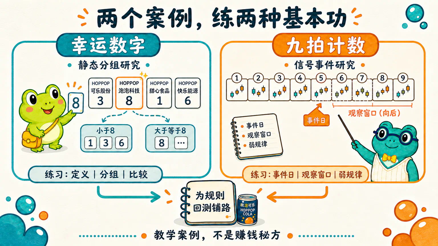 幸运数字案例训练静态分组研究，九拍计数案例训练技术信号事件研究，两者一起为后面的规则回测铺路。
