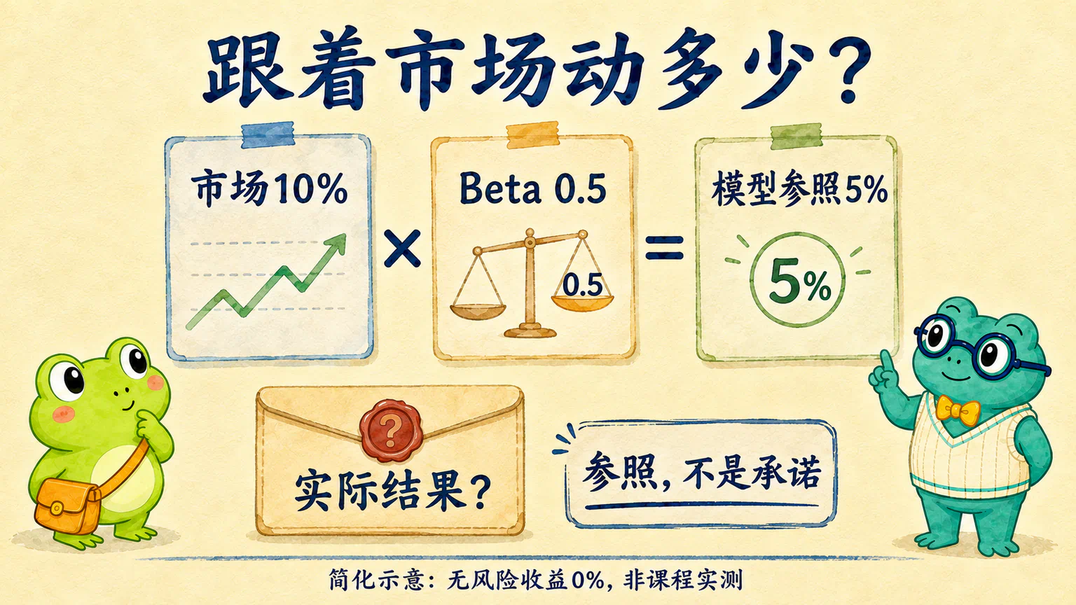 简化示意：无风险收益假设为0%，市场收益10%、Beta为0.5，模型参照为5%；这不是实际收益的承诺。
