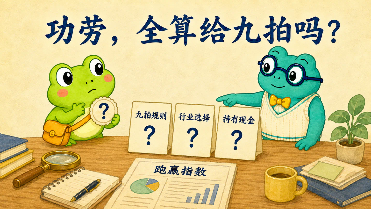 蛙兄准备给九拍颁奖，蛙博士提出行业选择和持有现金等仍待检查的解释。