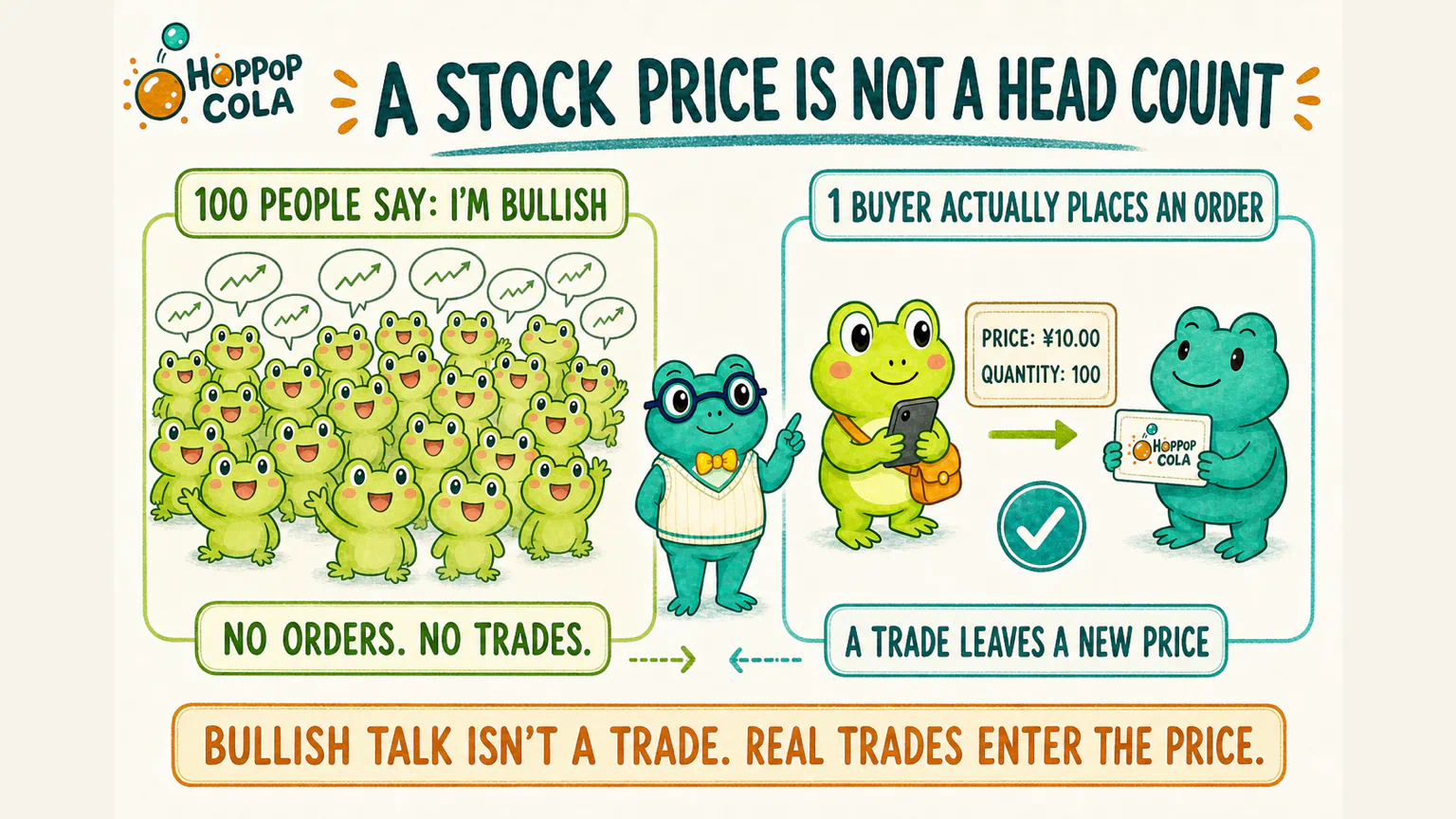 A stock price is not a head count of bullish and bearish opinions; an opinion must become a real order with a price and quantity, then result in a trade, before it can enter a transaction price.