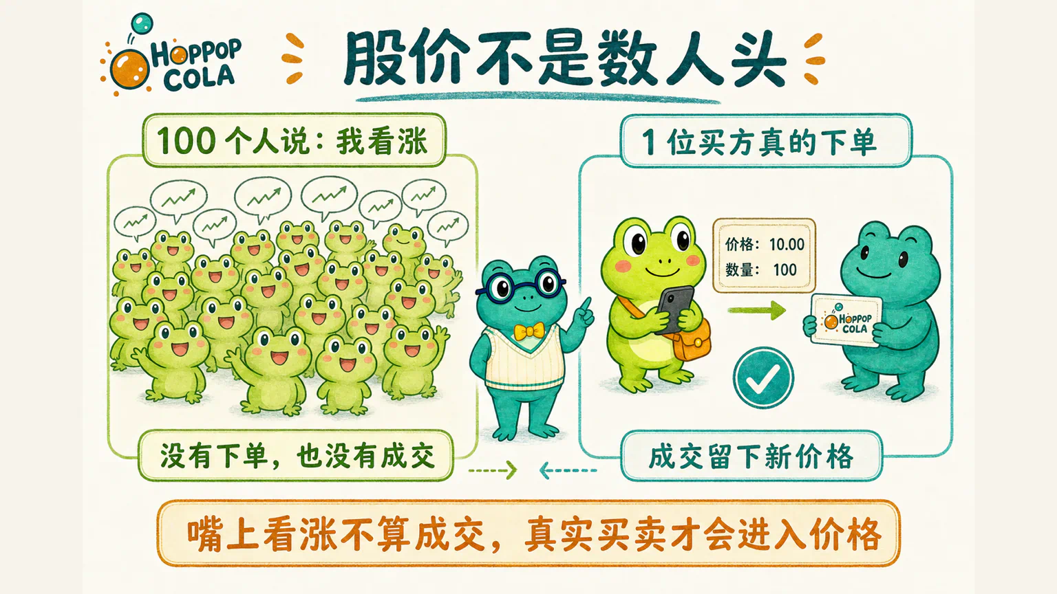 股价不是按看涨和看跌的人数投票;观点需要变成带有价格和数量的真实买卖,并完成成交,才会留在价格里。