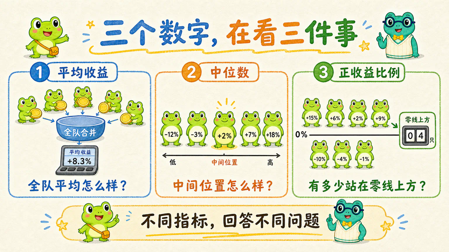 平均收益、中位数和正收益比例分别观察全队平均、中间位置和站在零线上方的公司数量。