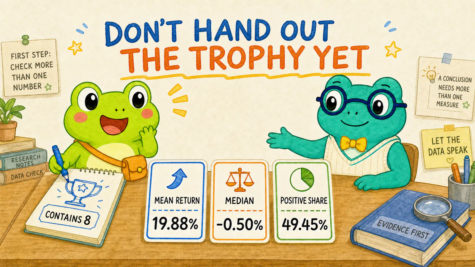 Hoppy is about to award the contains-8 group a trophy when Dr. Hop slides the mean return, median return, and positive-return share cards into the center of the table.