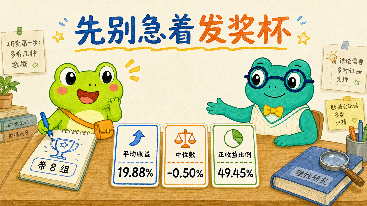 蛙兄正准备给带 8 组画奖杯,蛙博士把平均收益、中位数和正收益比例三张结果卡一起推到桌面中央。