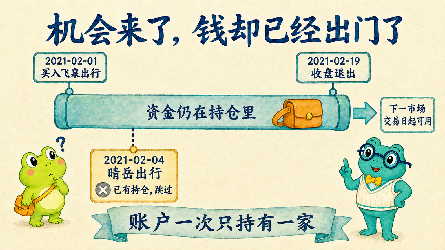 同一个账户已有持仓时,新的买入机会只能跳过。
