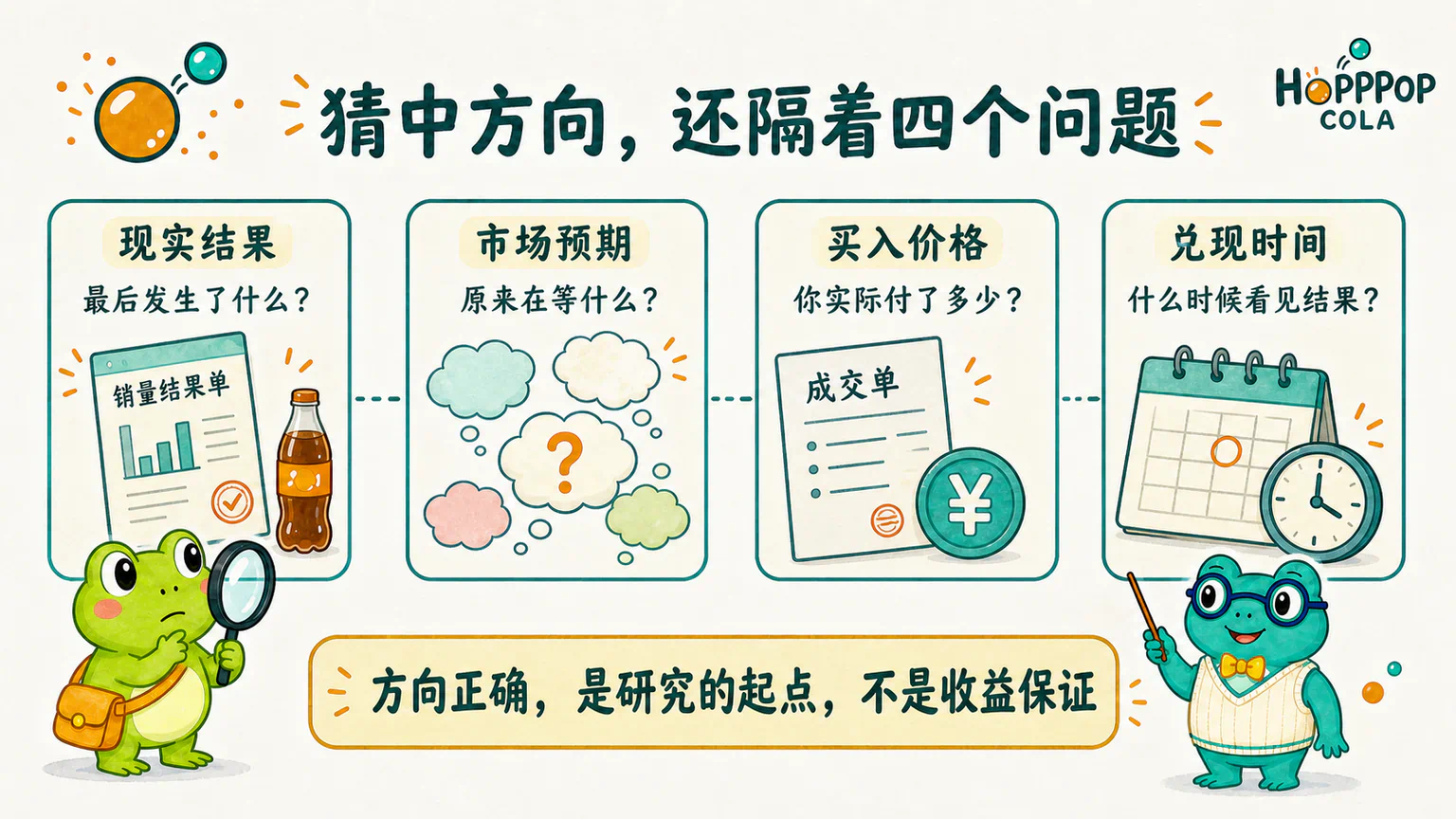 判断未来方向以后，还需要继续检查现实结果、市场原有预期、买入价格和兑现时间。