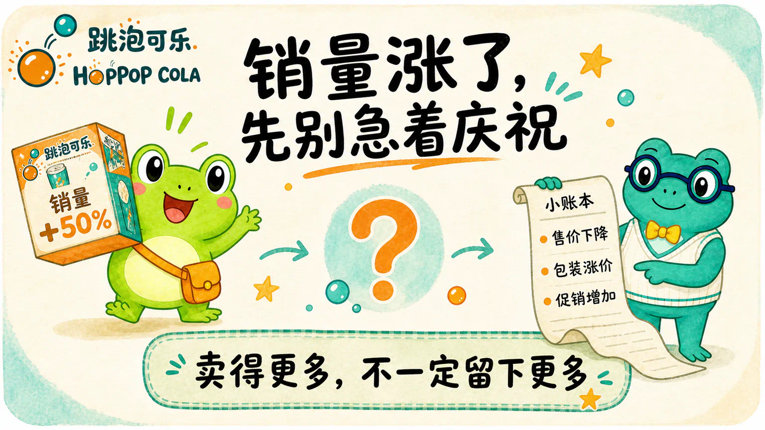 跳泡可乐新品销量增长五成，蛙兄正要庆祝，蛙博士却摊开了一张售价下降、支出增加的小账本。