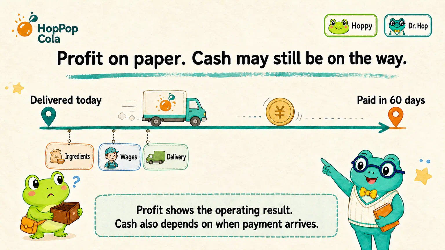 HopPop delivers today and gets paid in 60 days, while ingredients, wages, and delivery must be paid sooner; the timeline separates profit from cash timing.