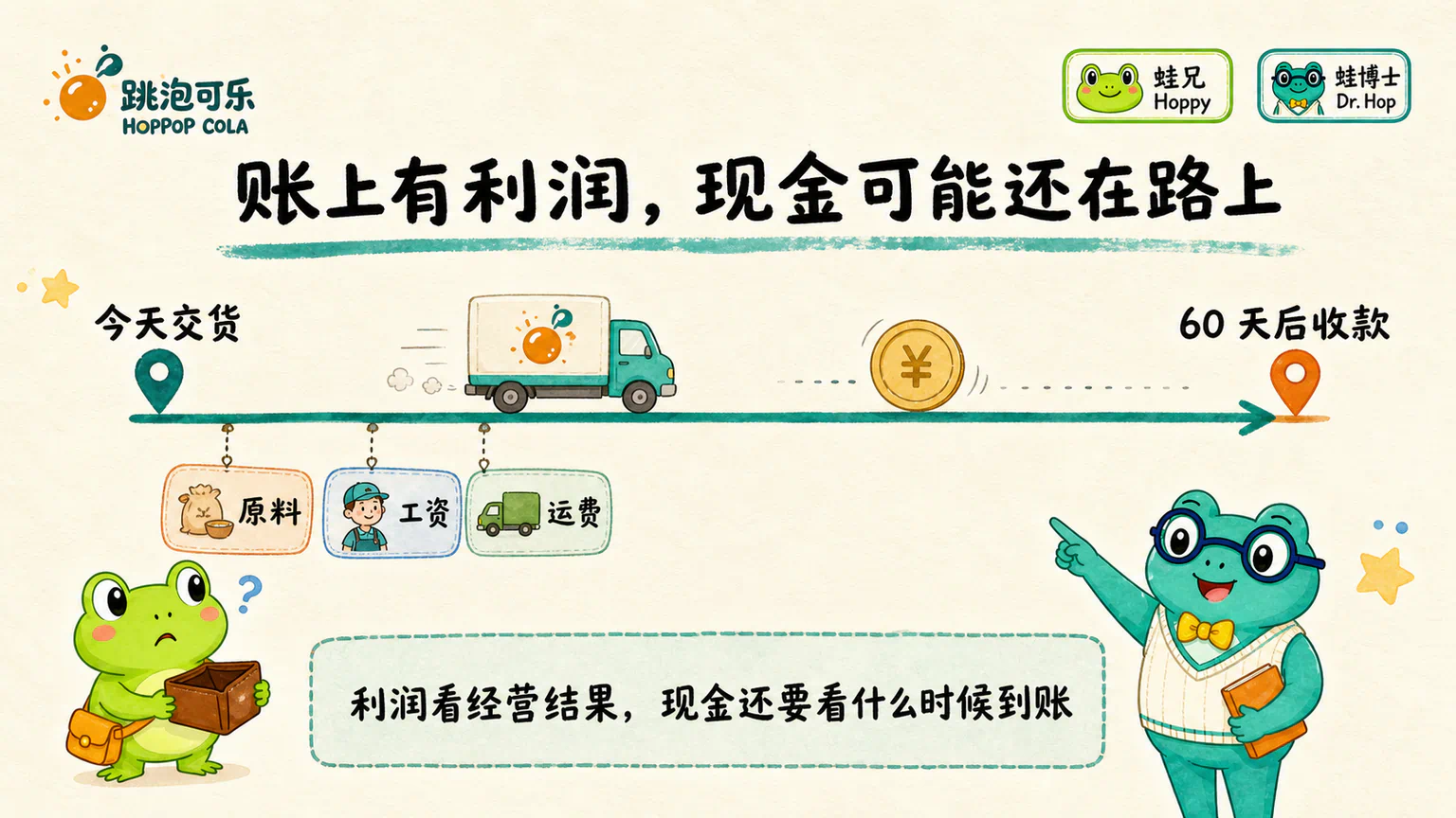 跳泡可乐今天交货、六十天后才收款，但原料、工资和运费需要先支付，用时间线区分利润与现金。