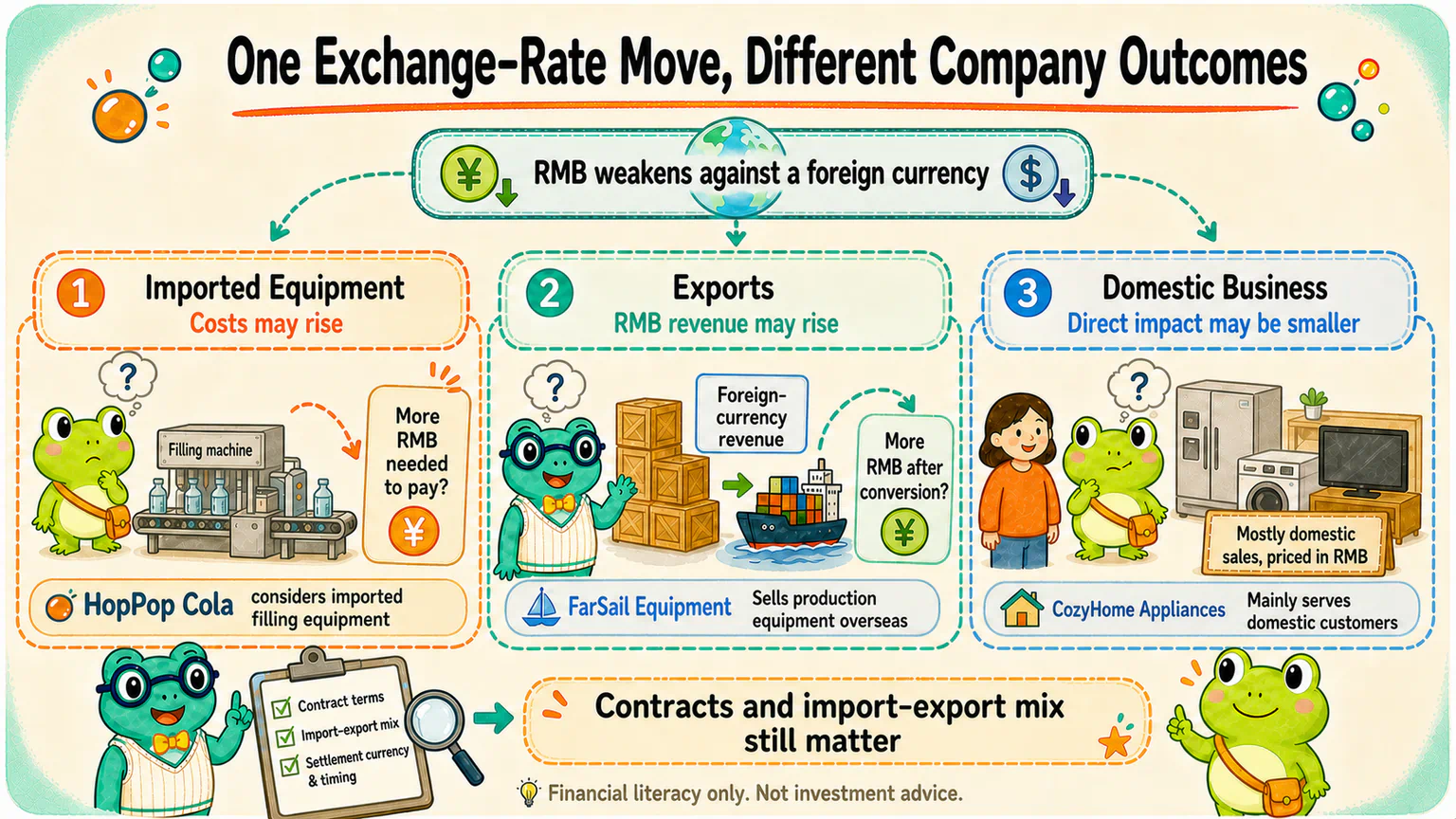 After the RMB changes against a foreign currency, an importer may face higher equipment costs, an exporter may convert overseas revenue into more RMB, and a domestically focused business may face a smaller direct effect.