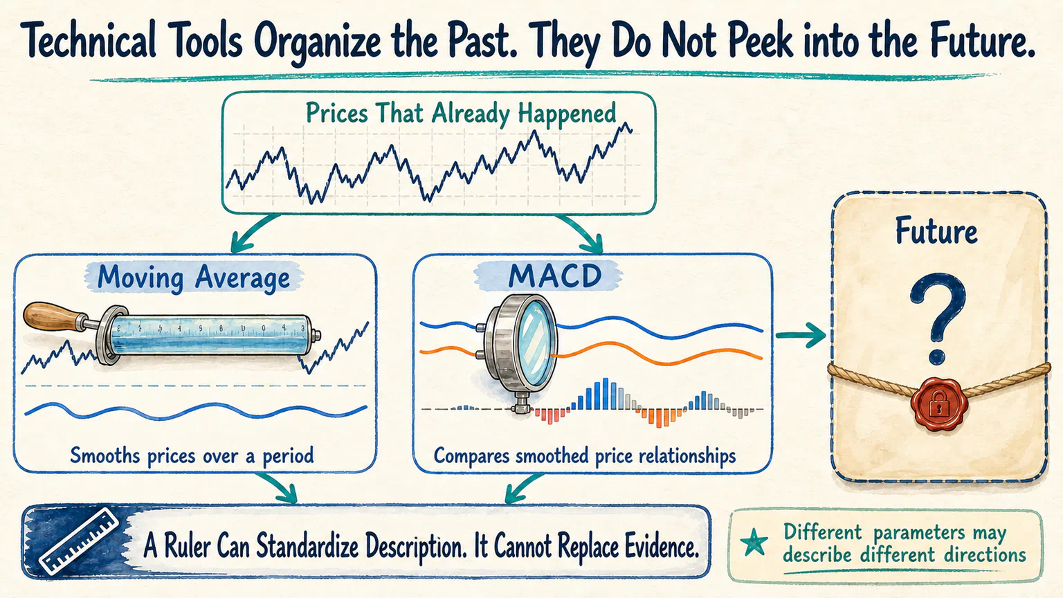 Moving averages and MACD organize prices that have already happened, while the sealed future still contains only a question mark.