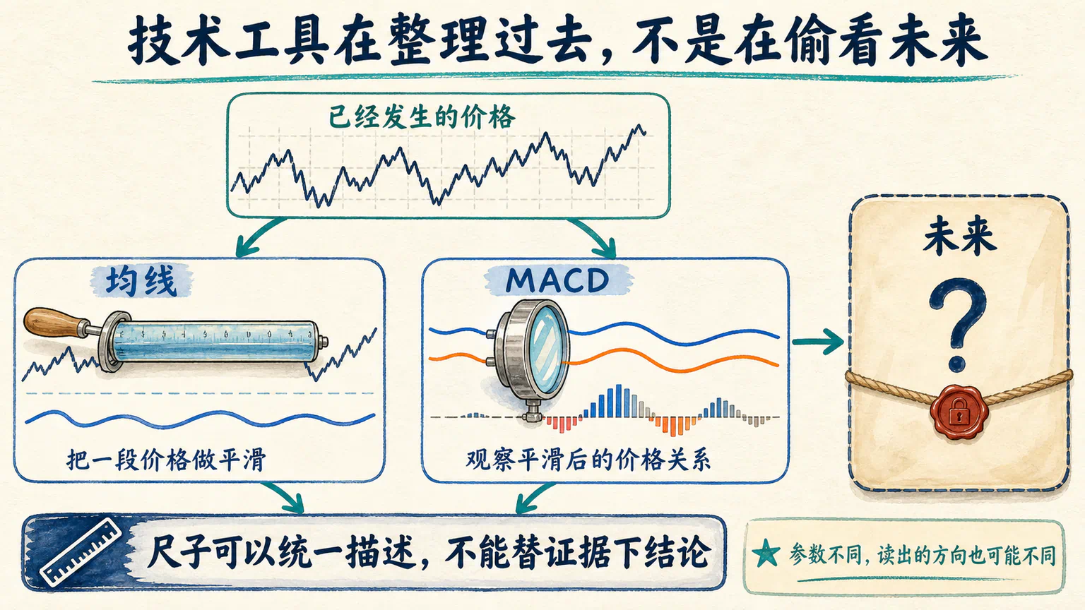 均线和 MACD 都在整理已经发生的价格，而被封住的未来仍然只有一个问号。