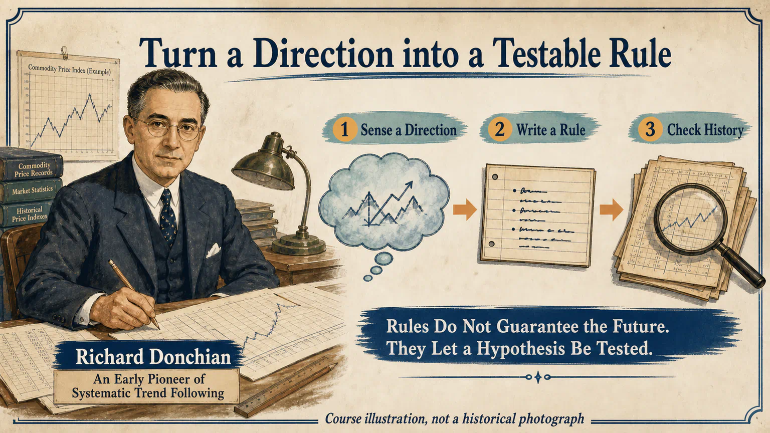A course illustration of Richard Donchian shows the research path from sensing a direction to writing a rule and checking historical records.