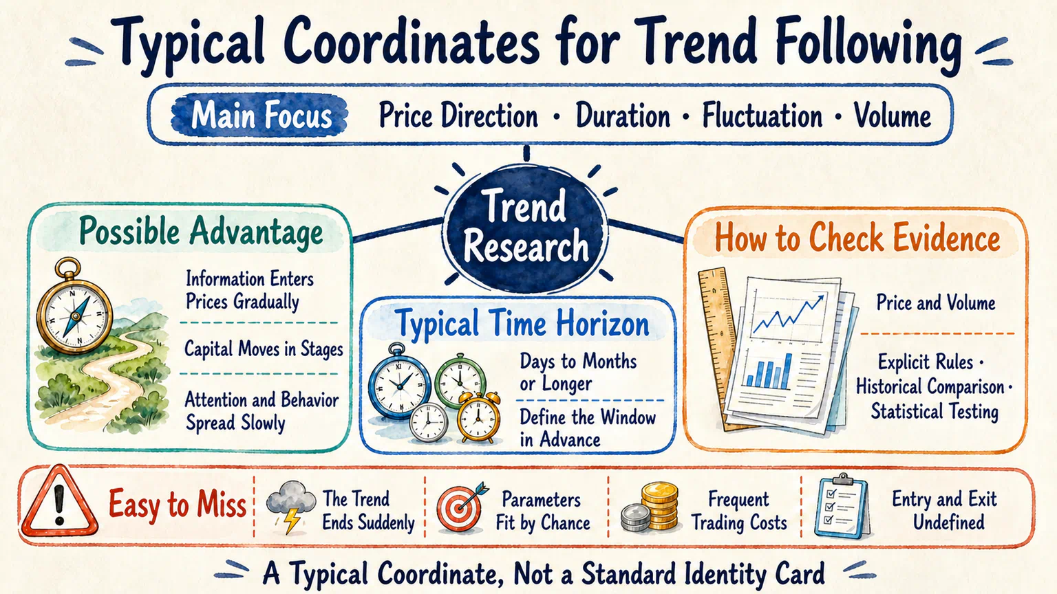 A typical coordinate card for trend following covers its focus, possible advantage, time horizon, evidence, and common blind spots.