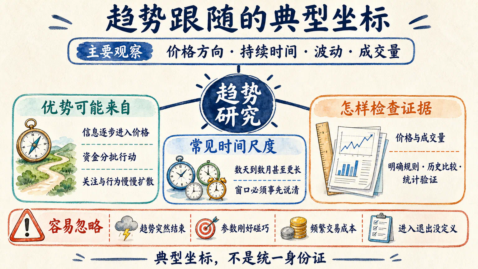 趋势跟随在主要观察、优势来源、时间尺度、证据方法和容易忽略问题上的典型坐标。