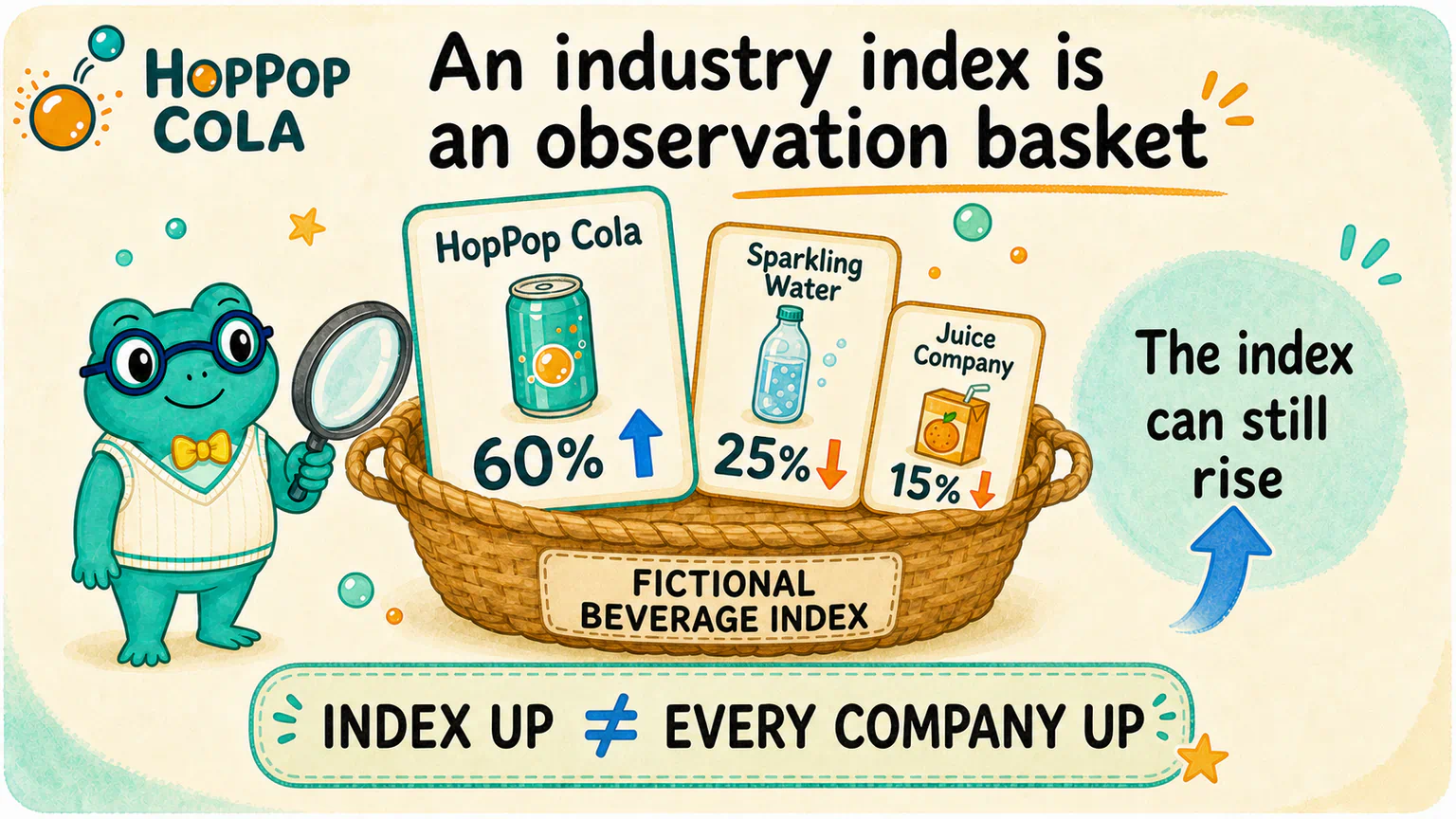 A fictional beverage-industry basket gives HopPop, StillSpring, and TrueFruit weights of 60%, 25%, and 15%; the large component can lift the index while the other two still fall.