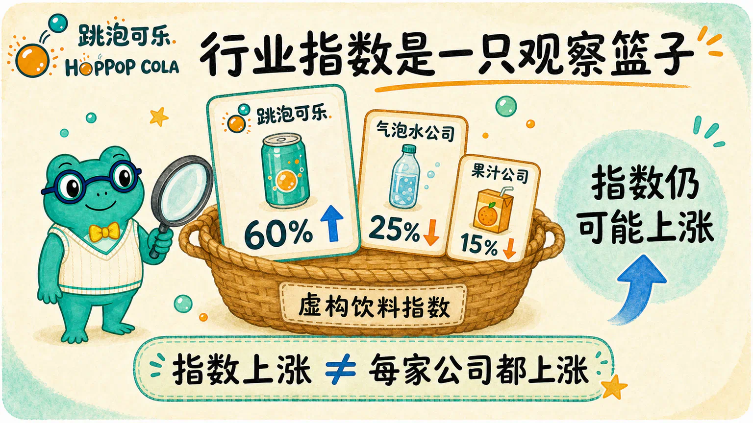 一个虚构饮料行业指数篮子中,三家公司权重分别为百分之六十、二十五和十五,说明大权重公司可以让指数上涨而其他公司仍在下跌。