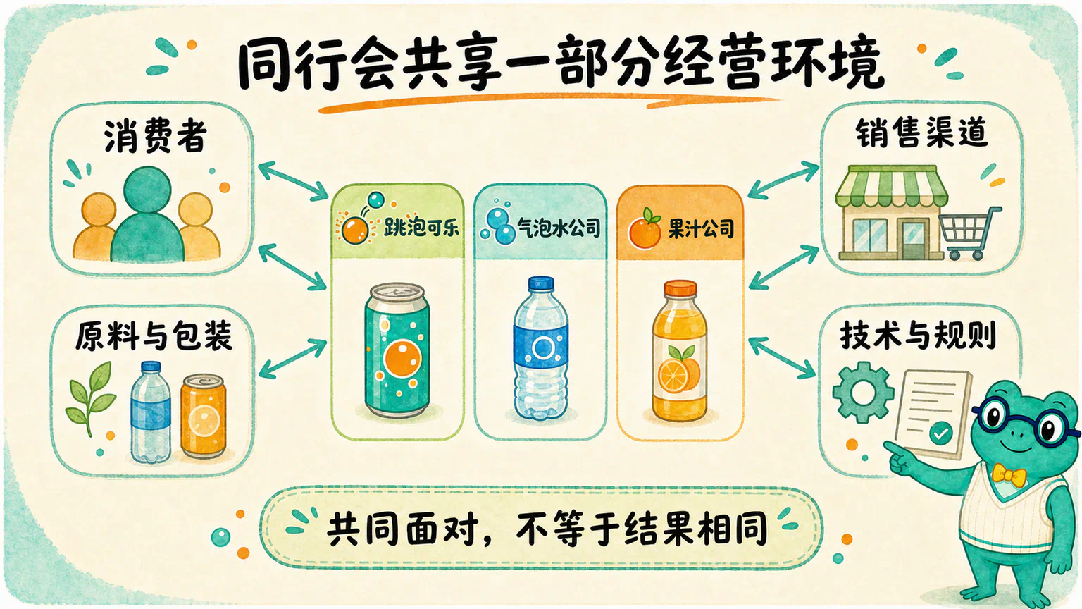 三家饮料公司共同连接消费者、原料包装、销售渠道以及技术规则,说明同行会共享一部分经营环境。