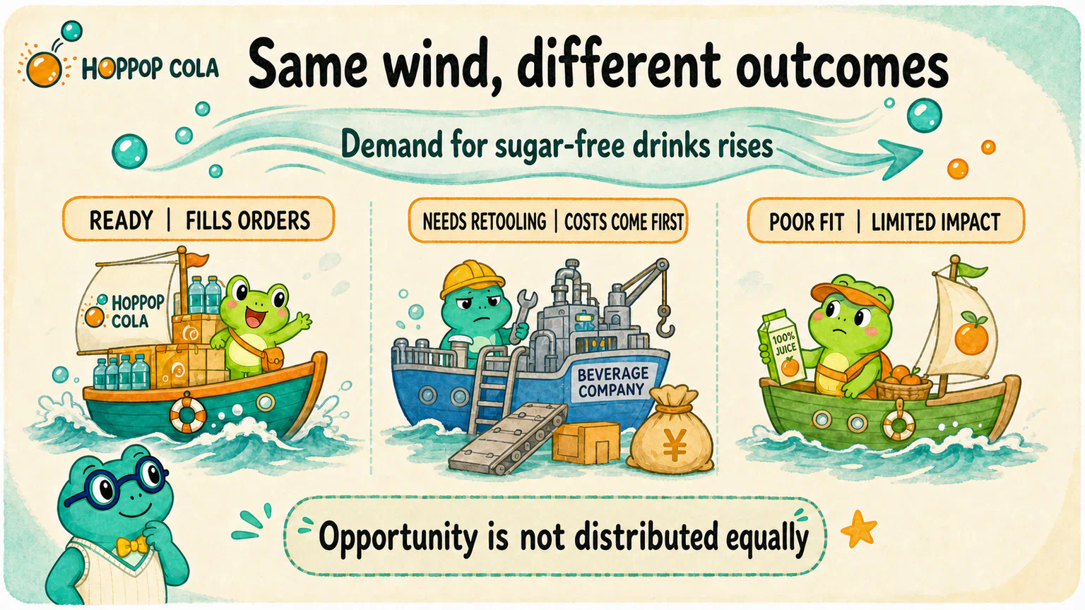 Demand for sugar-free drinks rises; a prepared HopPop fills orders, another company pays to retool, and a juice company sees limited effect, showing how one change creates different outcomes.