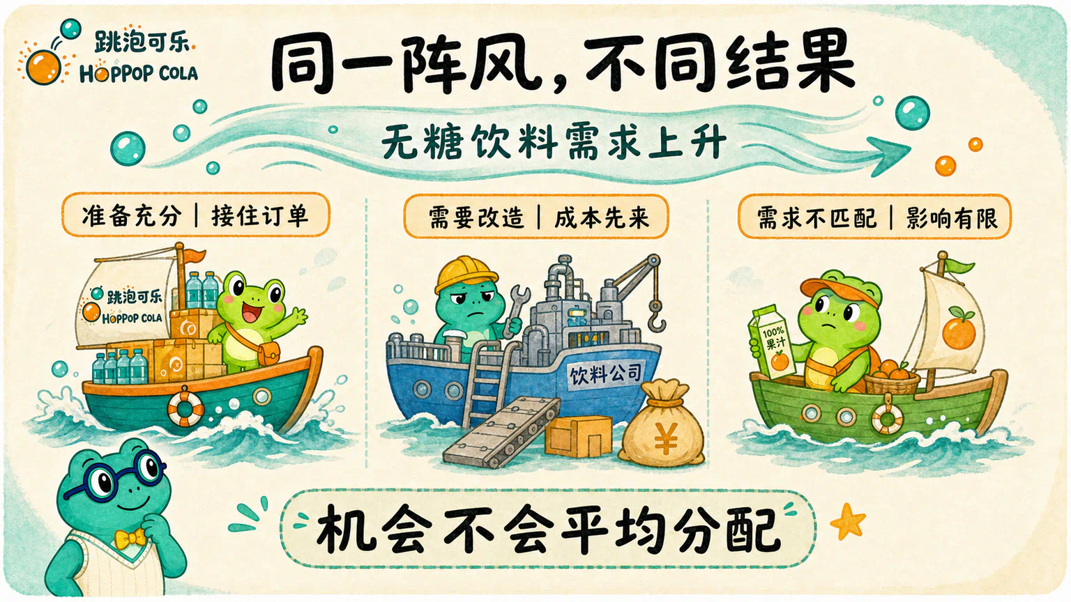 无糖饮料需求上升以后,准备充分的跳泡可乐接住订单,另一家公司先付出改造成本,果汁公司的顾客反应有限,展示同一变化的不同结果。