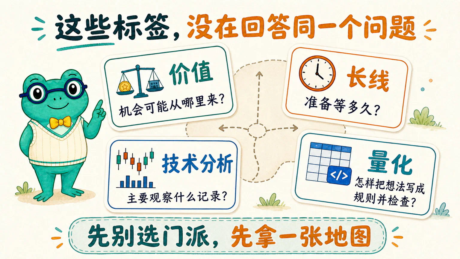 价值、长线、技术分析和量化分别回答机会来源、等待时间、观察记录与规则检验等不同问题，因此需要一张共同地图。
