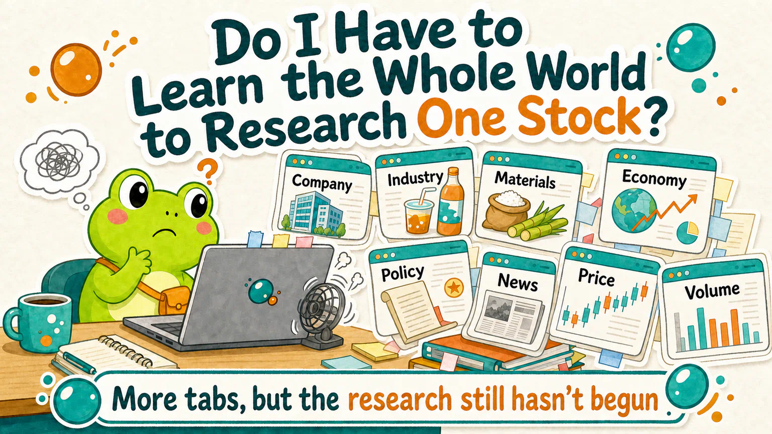 Hoppy tries to research HopPop Cola but ends up surrounded by more than twenty tabs covering the company, industry, materials, economy, policy, news, price, and volume.