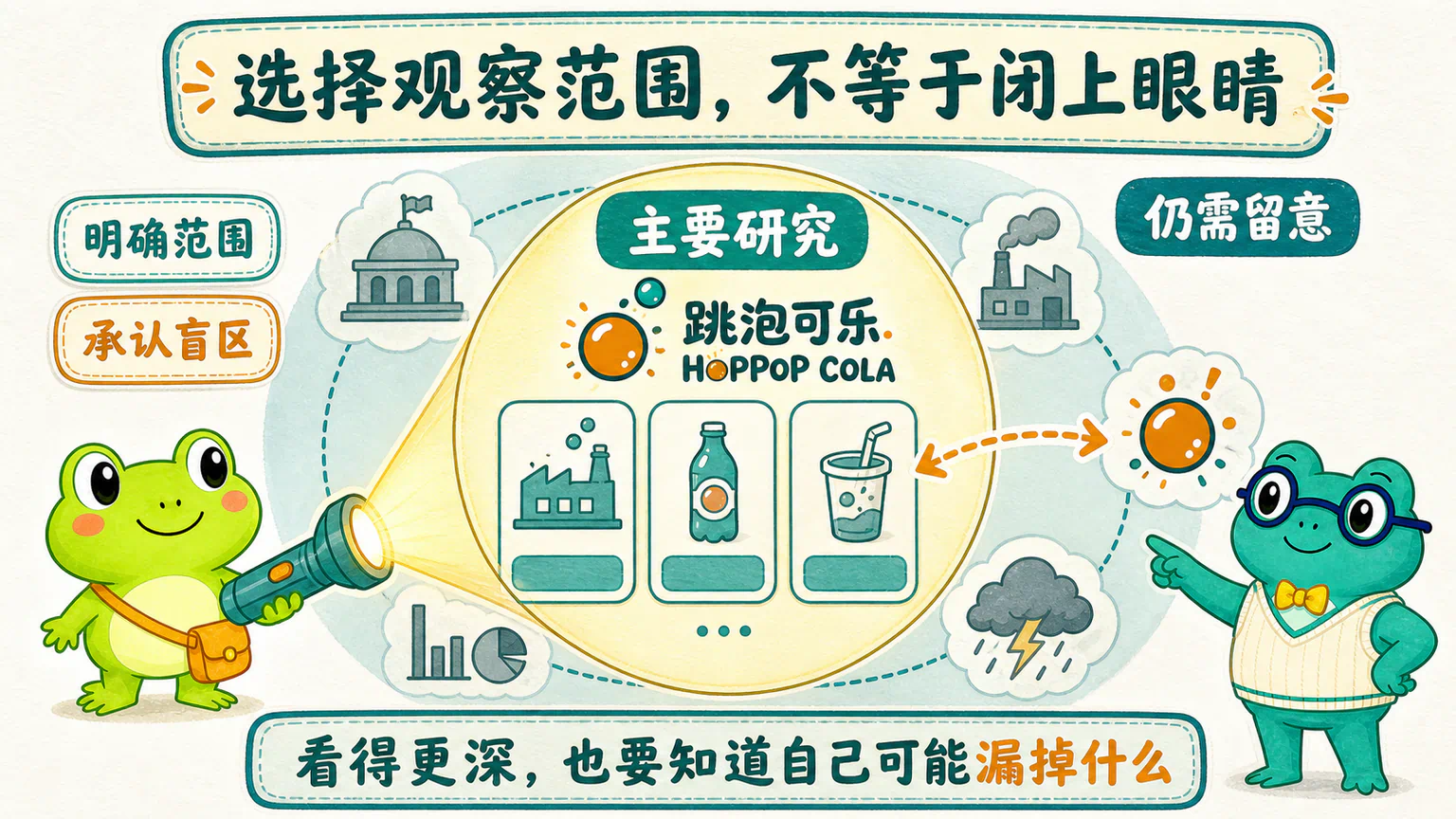 蛙兄用手电筒照亮主要研究范围，蛙博士提醒他仍需留意范围之外可能闯入判断的变化。