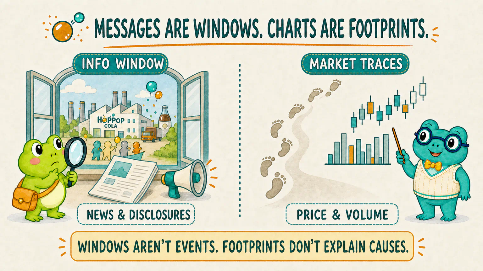 News and disclosures are an information window onto the outside world, while price and volume are footprints left by trading; neither automatically explains the true cause.