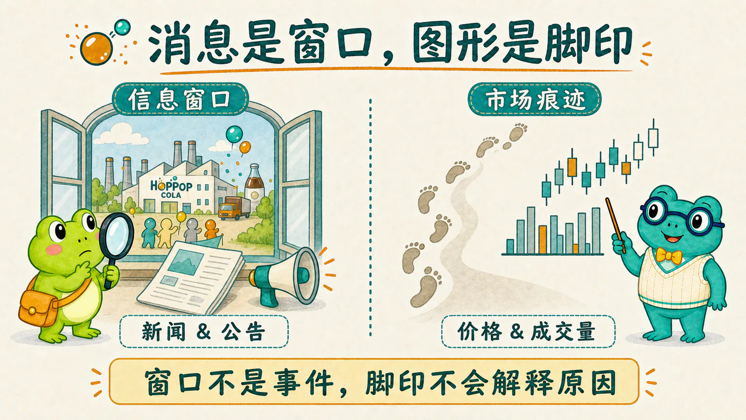 新闻与公告像帮助我们看见外界的信息窗口，价格与成交量则像交易留下的脚印；两者都不会自动解释真正原因。
