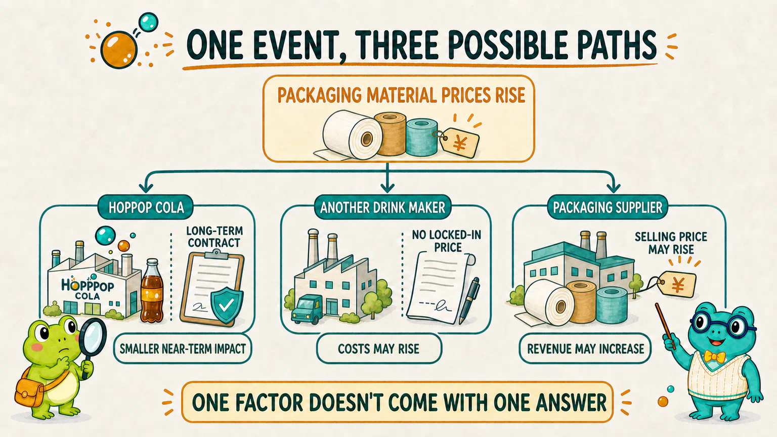 After packaging-material prices rise, HopPop may face a smaller near-term impact because of a long-term contract, another drink maker's costs may rise, and a packaging supplier's revenue may increase.