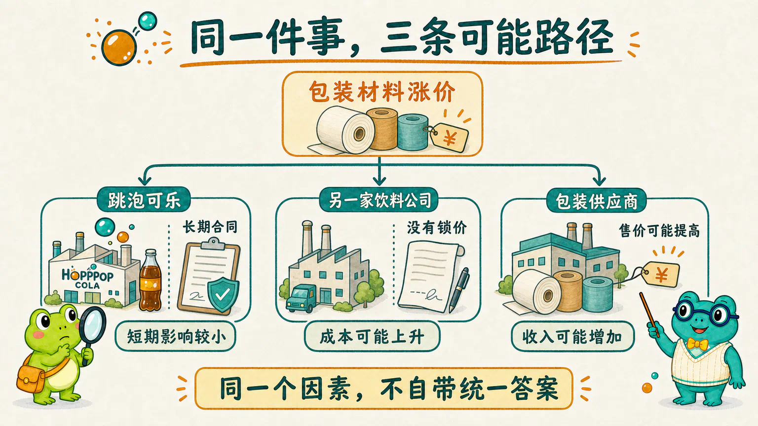 包装材料涨价以后，跳泡可乐可能因长期合同受到较小短期影响，另一家饮料公司的成本可能上升，包装供应商的收入则可能增加。