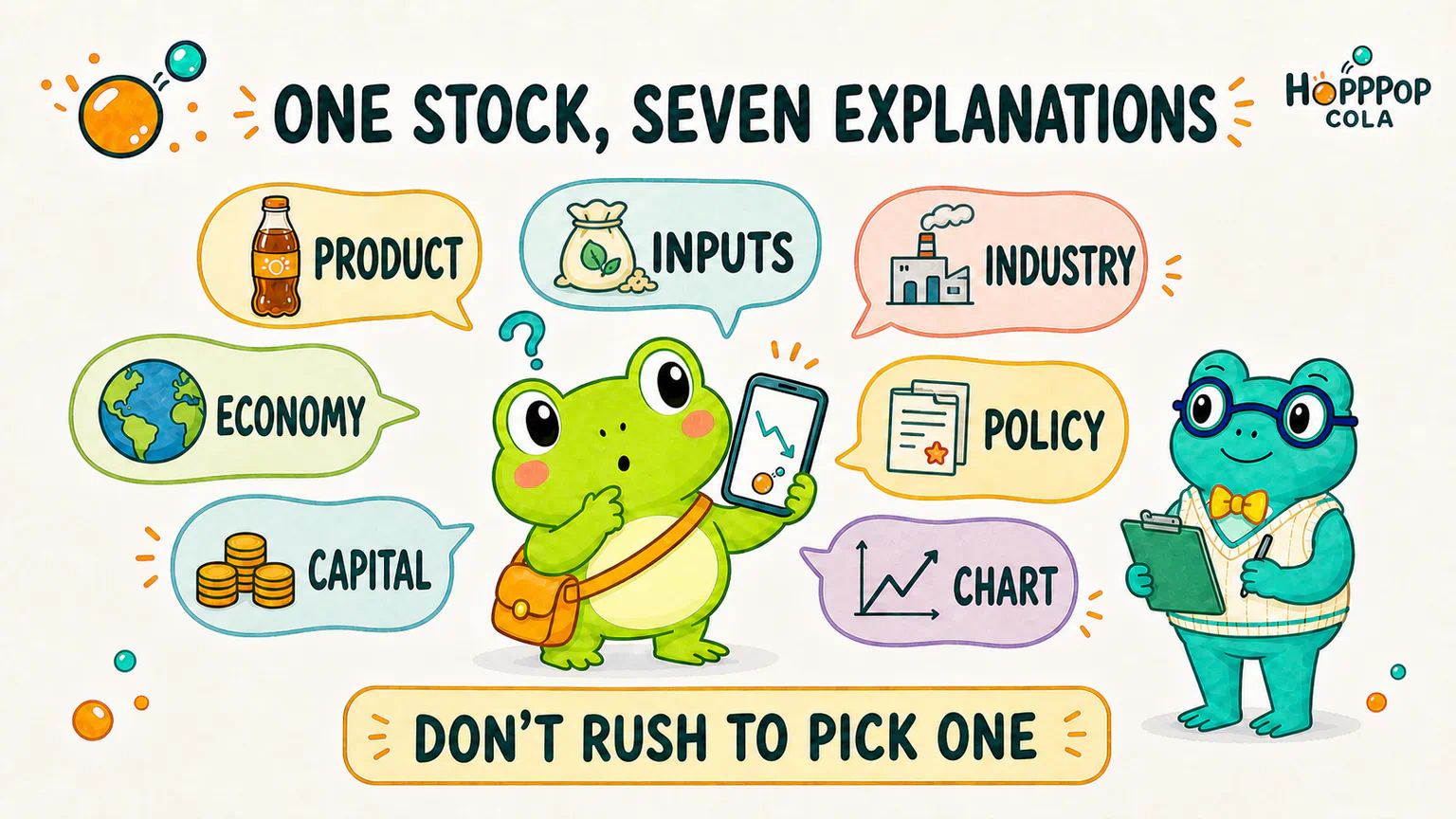 Hoppy is surrounded by seven explanations—product, inputs, industry, economy, policy, capital, and chart—while Dr. Hop reminds him not to rush to pick one.
