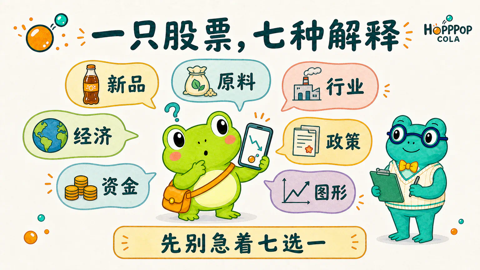 蛙兄被新品、原料、行业、经济、政策、资金和图形七种解释包围，蛙博士提醒先别急着七选一。