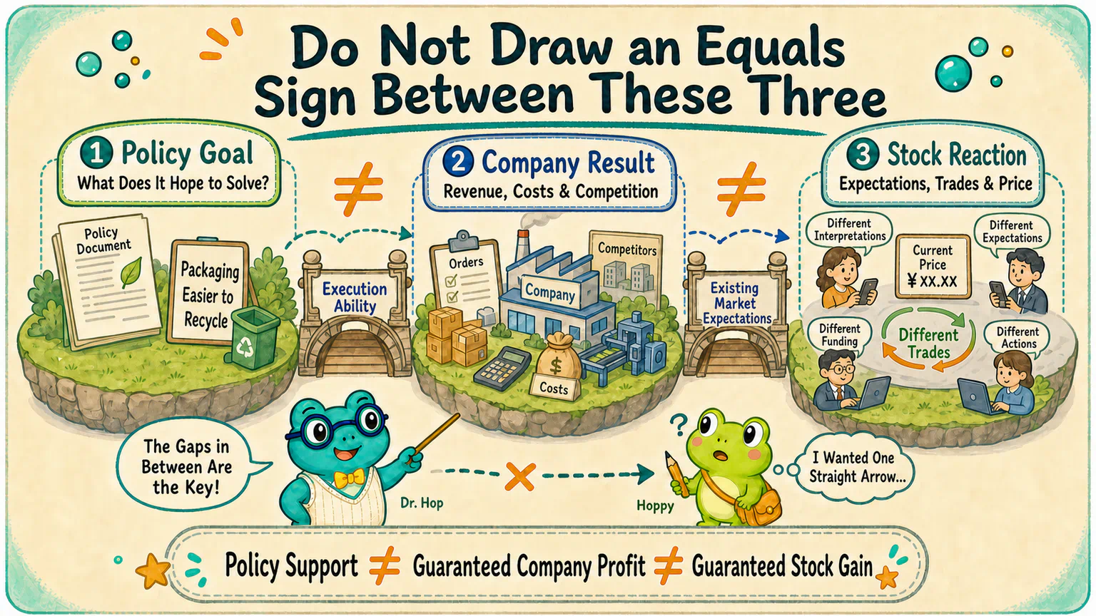 A policy goal, a company’s operating result, and a stock reaction are three separate questions, with execution ability, market expectations, and actual trades in between.