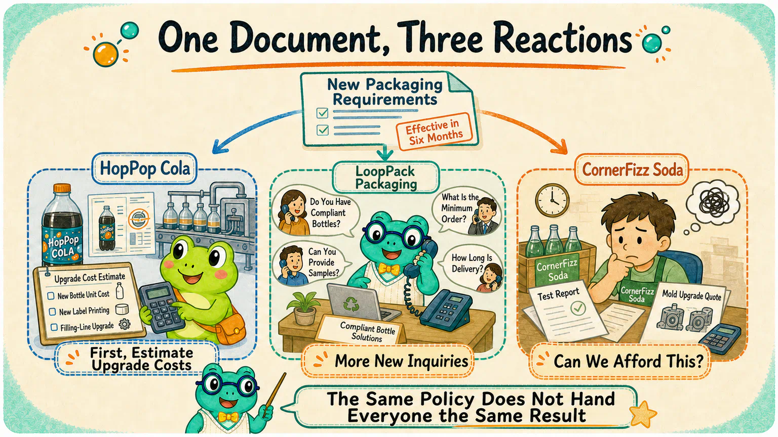 The same fictional packaging document reaches three companies: HopPop Cola calculates upgrade costs, LoopPack Packaging receives new inquiries, and CornerFizz Soda worries about testing and mold-change expenses.