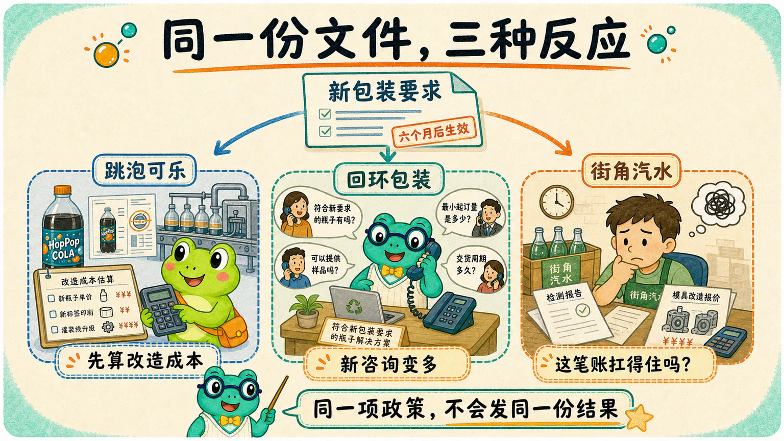 同一份虚构包装文件传到三家公司,跳泡可乐计算改造成本,回环包装收到新咨询,街角汽水担心能否承担检测和换模具费用。