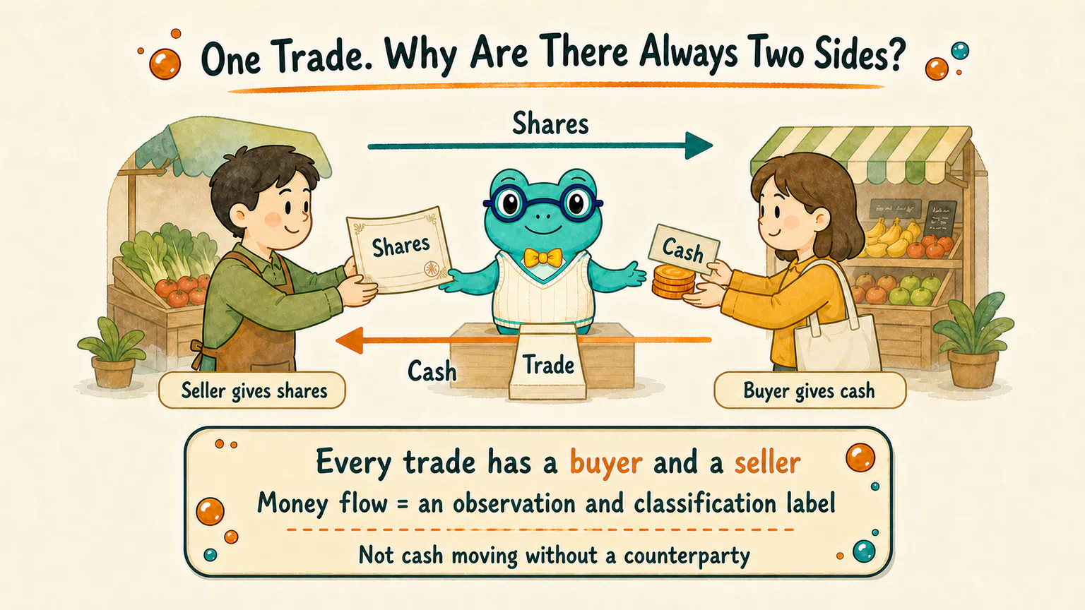 In one completed trade, the buyer gives cash and the seller gives shares; each trade has two sides, while money-flow labels are an observation convention.