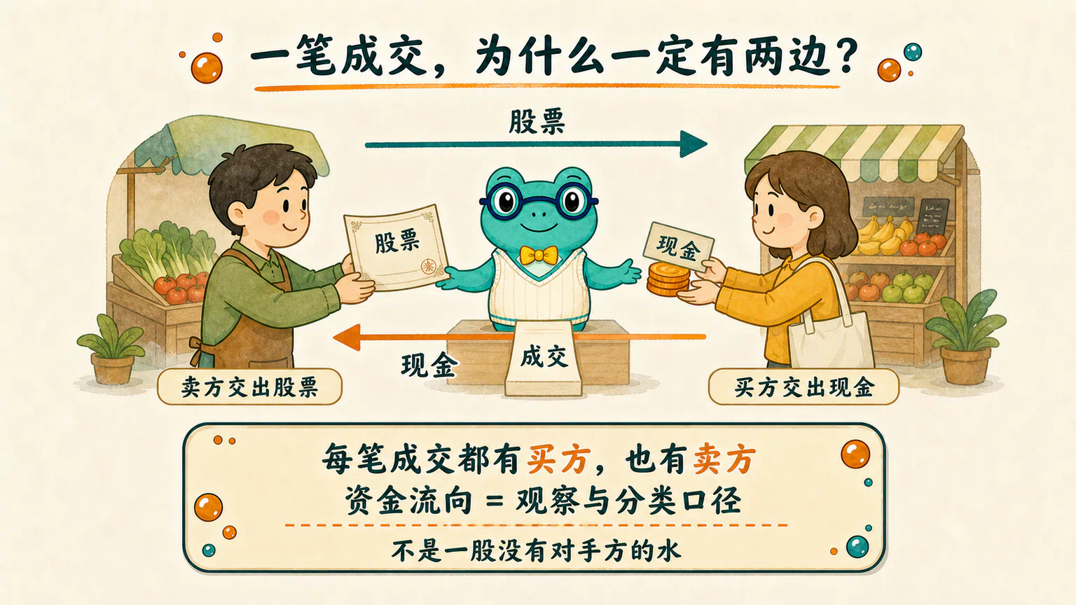 一笔成交中,买方交出现金、卖方交出股票;每笔成交都有双方,资金流向只是观察口径。